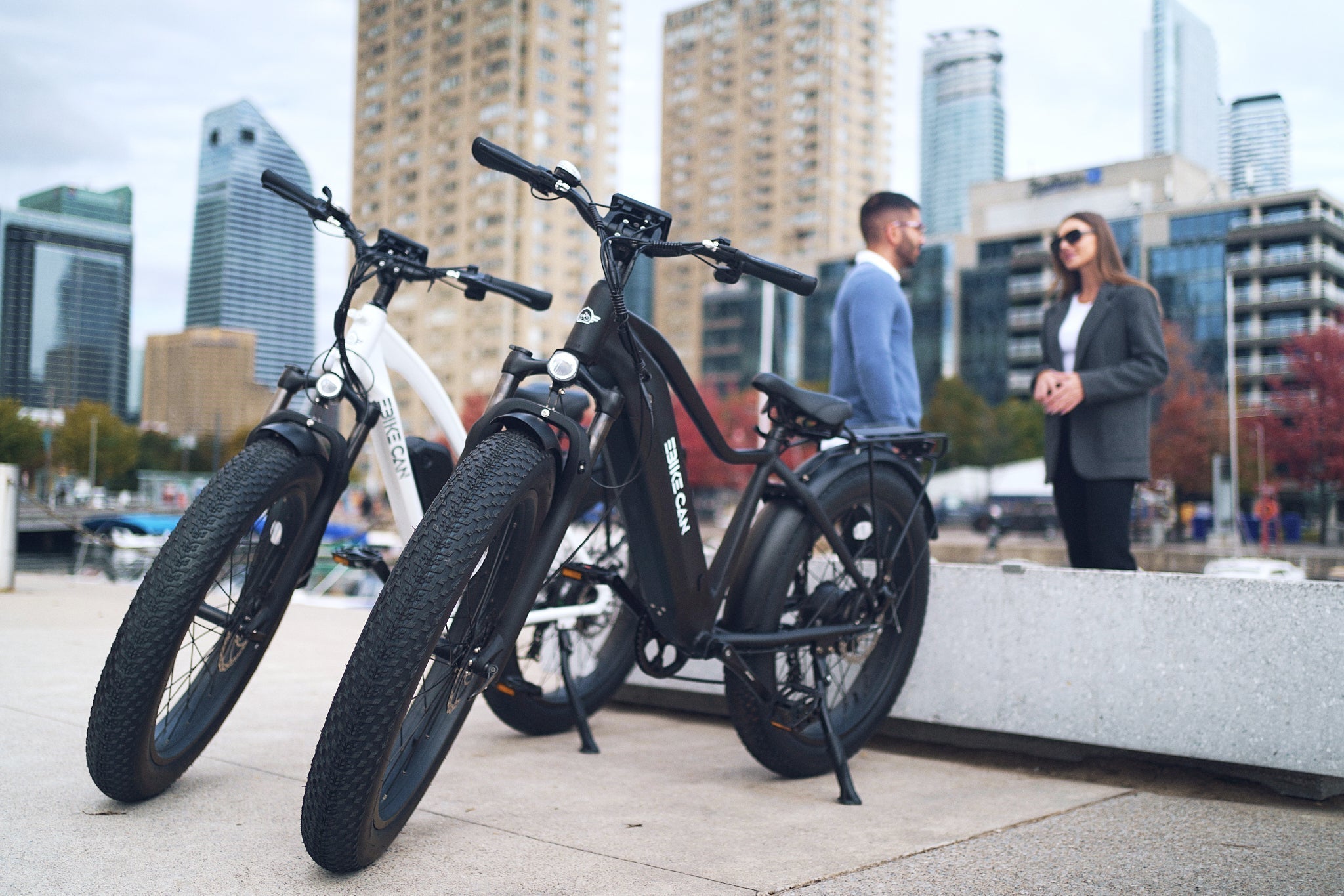Two E-Bikes Black and White In front of two humans