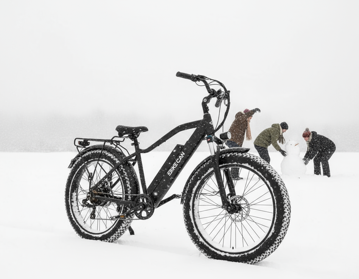 Ebikecan electric bike parked outdoors in a snowy setting, highlighting proper winter care and maintenance.
